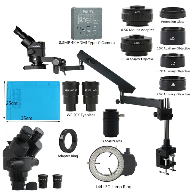 Eakins 3.5X-90X 180X Simul Focus Parfocal Stereo Trinocular Microscope 4K 1080P 55MP 48MP HDMI VGA USB Type C Video Camera Set