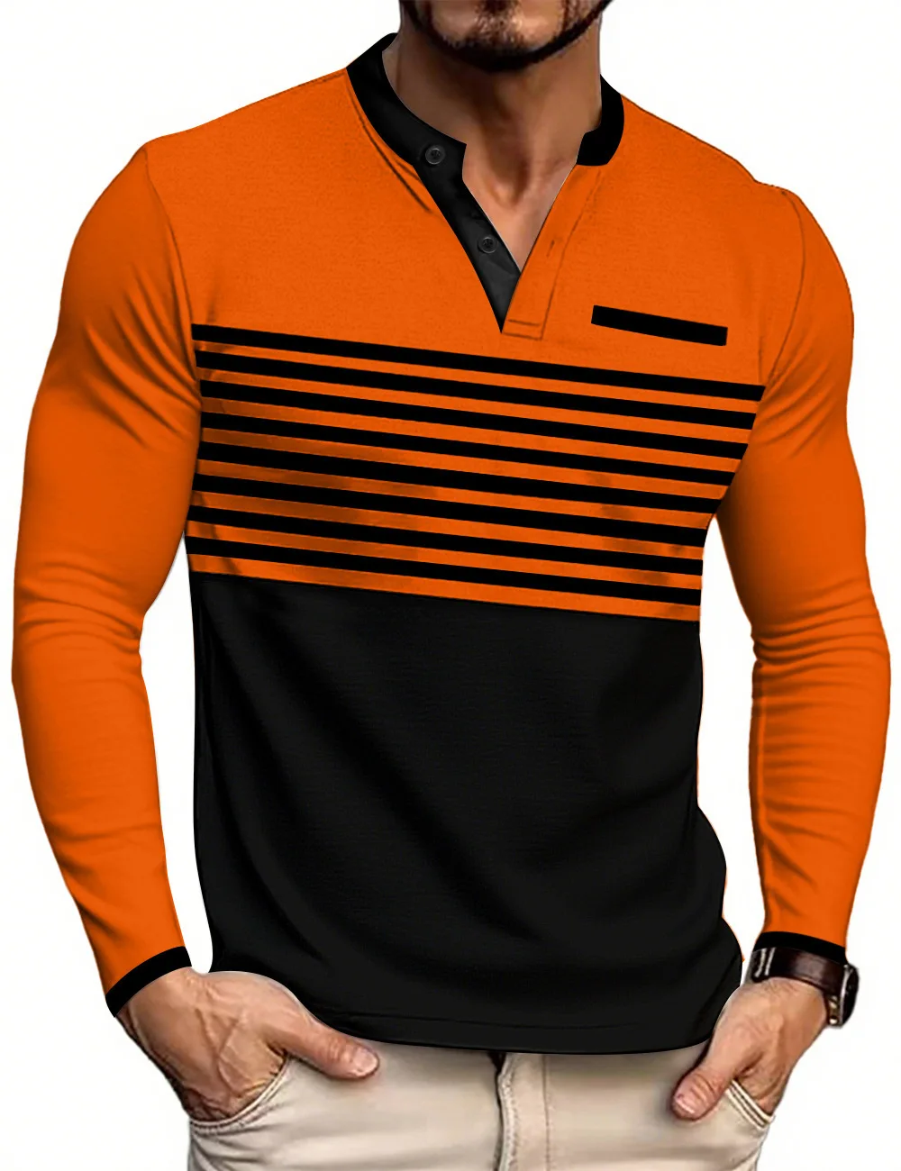 Summer New Men's Long-sleeved V-neck Contrasting Stripes Slim-fitting Versatile Business Casual T-shirt Cw10925