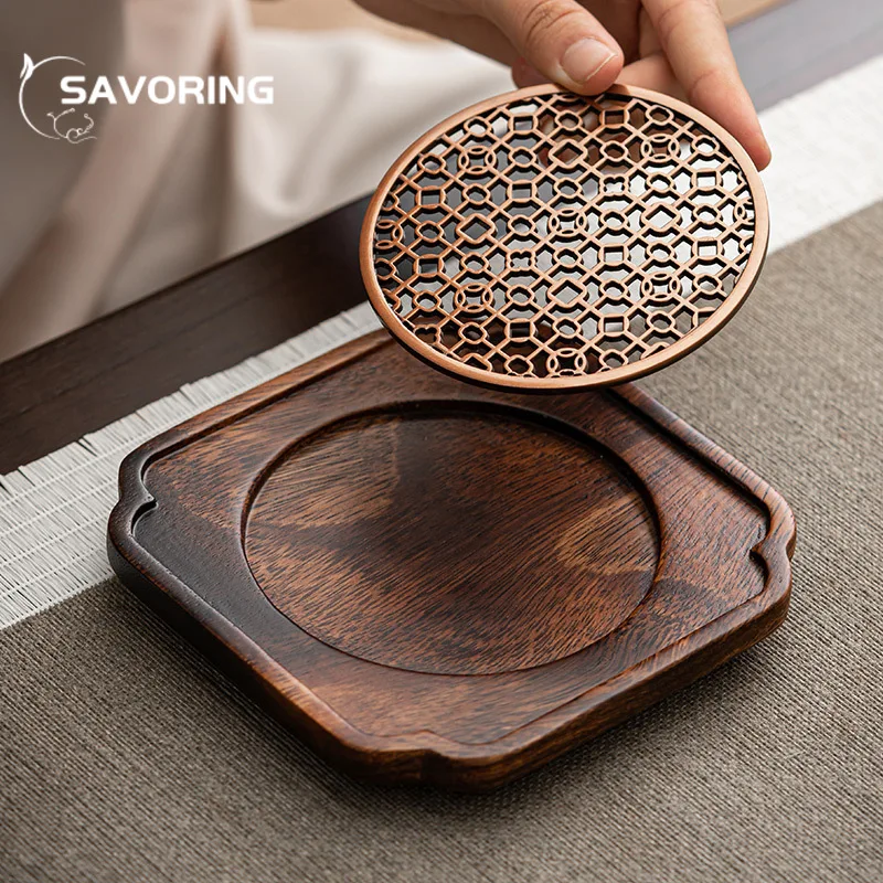 Handmade Walnut Crabapple Pot Bearing Holder Siold Wood Dry Brew Table Tea Tray Zinc Alloy Bowl Support Tea Ceremony Ornaments