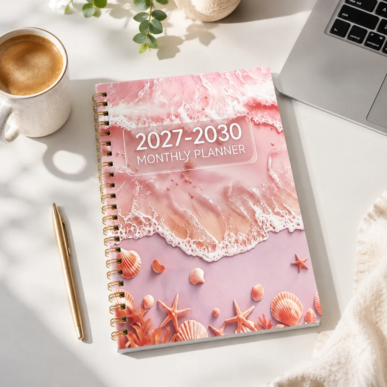 Pink Seashell Spiral Planner 2027-2030 Four-Year Monthly Organizer Coastal Beach Notebook Long Term Schedule Multi-Year Agenda