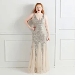 Sladuo-Robe longue en tulle à paillettes pour femme, tenue de soirée sexy, col en v, grande taille