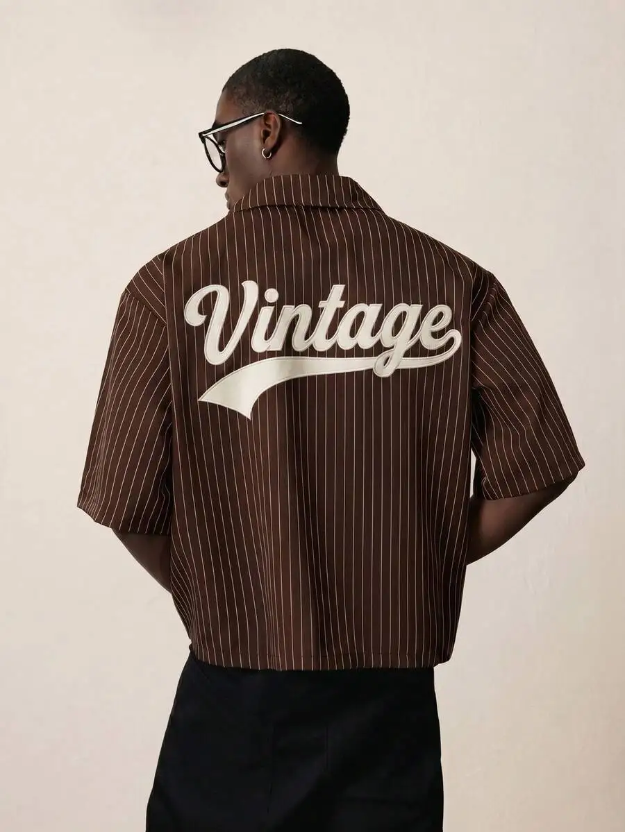 

Mens Casual Striped Letter Embroidered Short Sleeve Shirt
