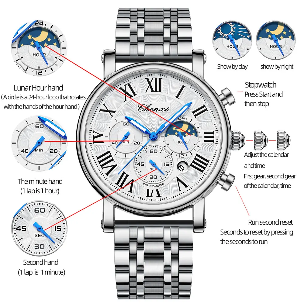 Relojes CHENXI para hombre, marca de lujo, cronógrafo de fase lunar, reloj de cuarzo luminoso resistente al agua, reloj de pulsera de acero inoxidable de alta calidad