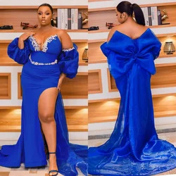 Plus size Evening Dress Ball Dress Royal Blue sexy side split formal dress with large bow wrap Birthday Dinner Birthday Party