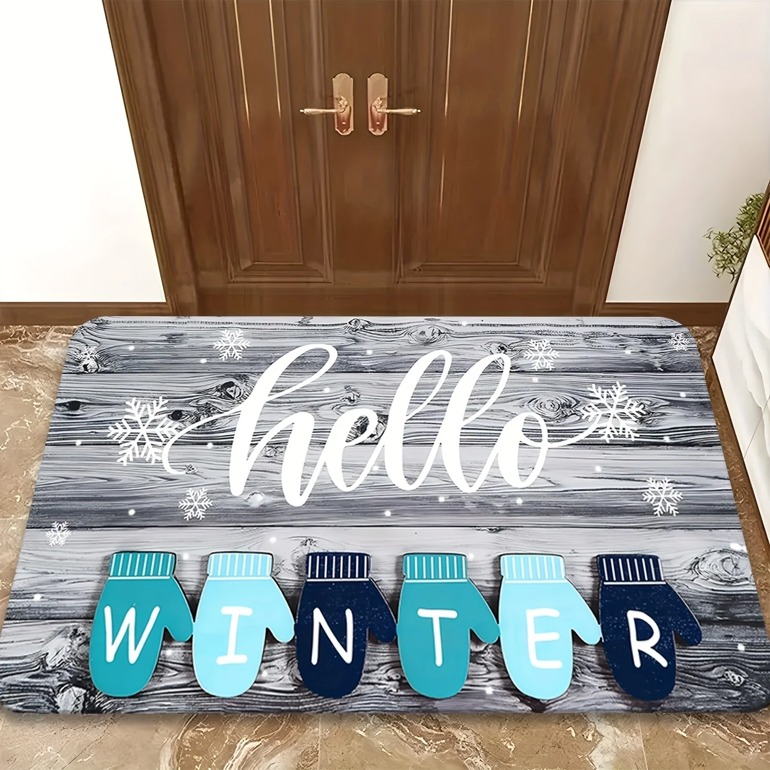 B14LYX Christmas Gnome Doormat Three Plaid Gnome Snowflake Print Black Background Holiday Porch Entry Home