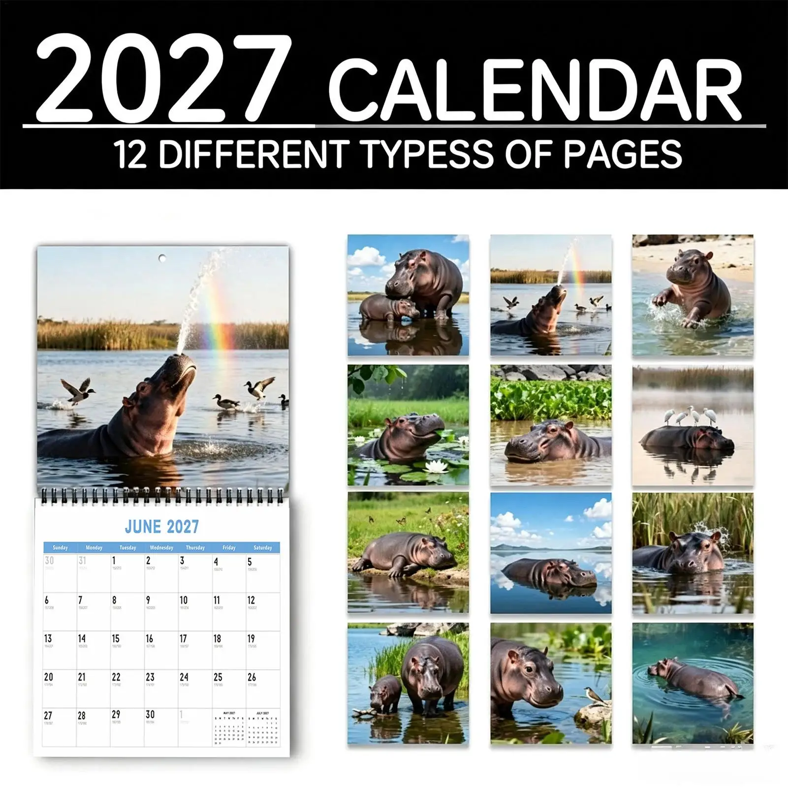 2027 Wall Calendar 12 Month Multifunctional Decorative Hippo Planner Monthly Calendar Planner for Home Apartment Office School