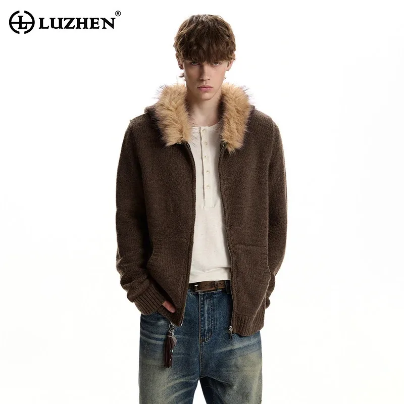 

LUZHEN 2026 New Fashion Solid Color Handsome Wool Knitted Cardigan Men's High Quality Casual Faux Fur Hooded Male Sweater JY6079