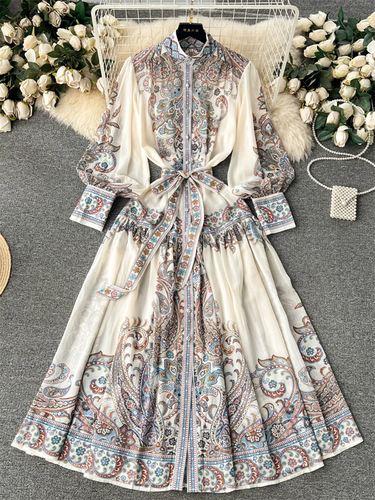 

Long Dresses For Women 2024 Stand Collar Long Sleeve Elegant Maxi Dress Holiday Vintage Paisley Print Bohemian Dress With Belt