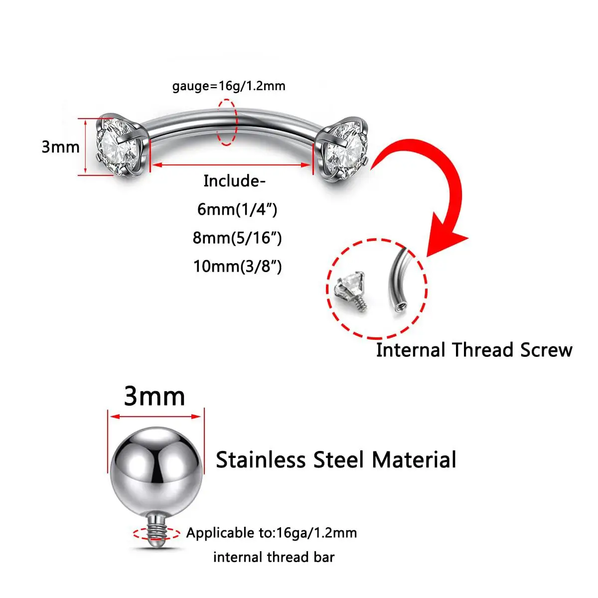 16G Titanium CZ Internally Thread Curved Barbell Eyebrow Vertical Labret Lip Bars Piercing Jewelry with Replacement Balls 6-10MM