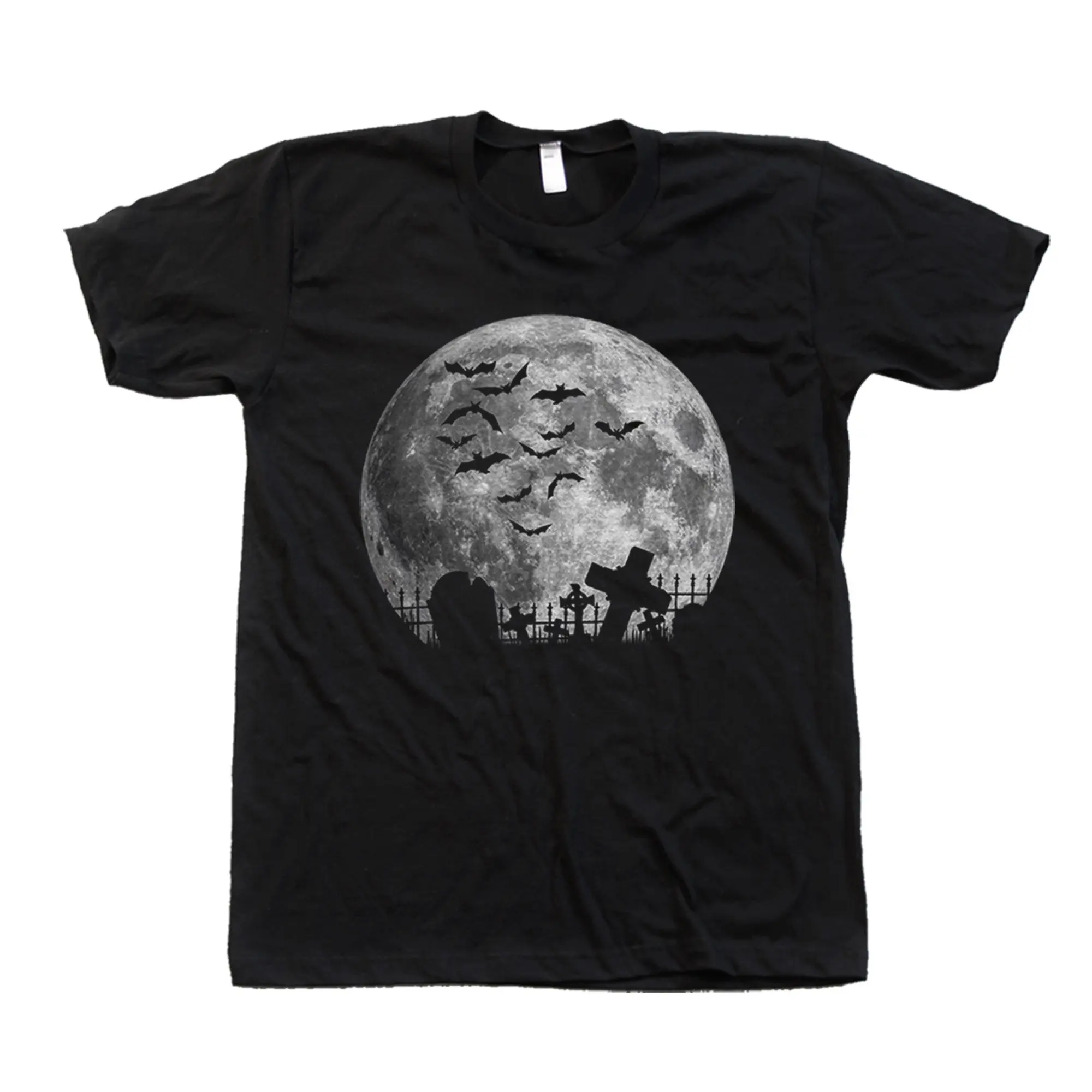 

Full Moon Halloween T-Shirt Bats Graveyard Screen Print Retro Streetwear High-quality Crew-neck Short-sleeved Men's T-shirt