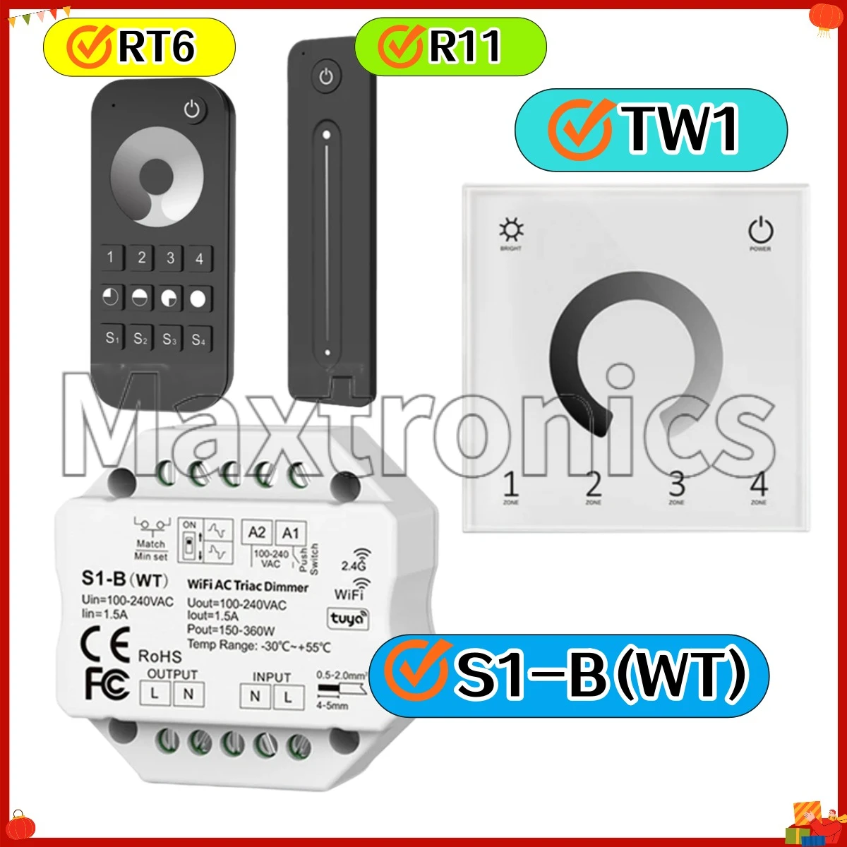 Tuya WiFi RF AC Triac Dimmer S1-B(WT) LED Controller Push Switch Smart Life R11/RT6 Wireless Remote Smart Home Alexa Google Home