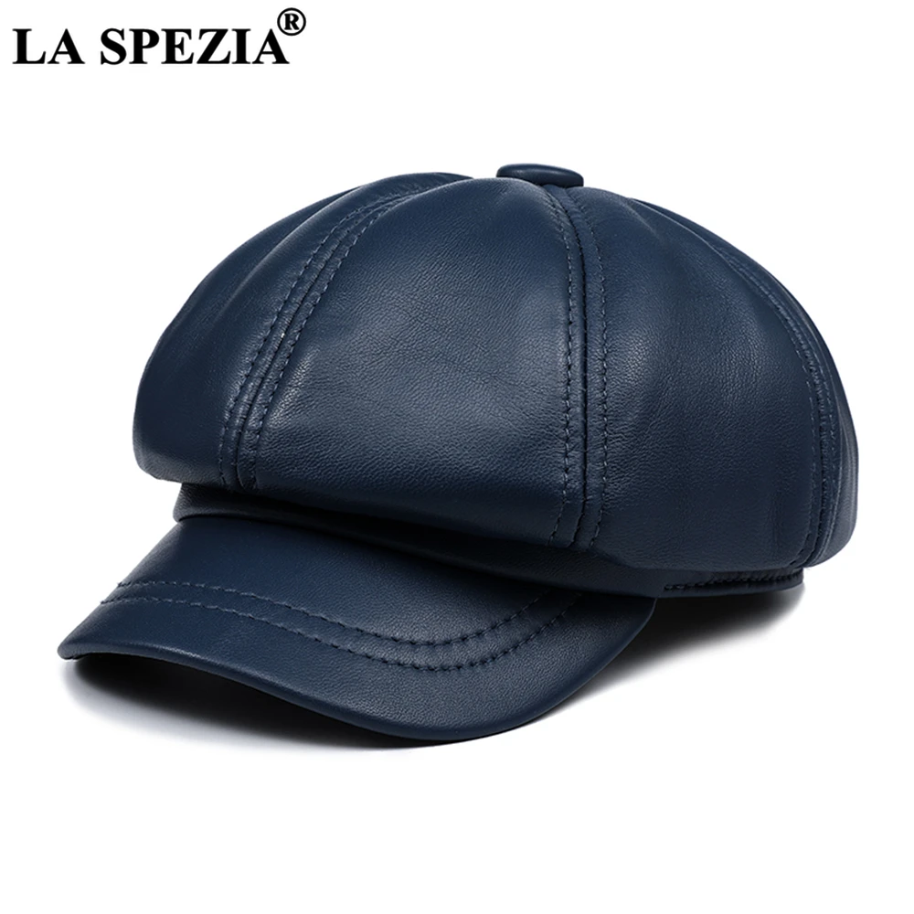 LA SPEZIA Real Leather Newsboy Cap Women Solid Baker Boy Cap Red Black Blue Pink Vintage Brand Ladies Winter Octagonal Cap