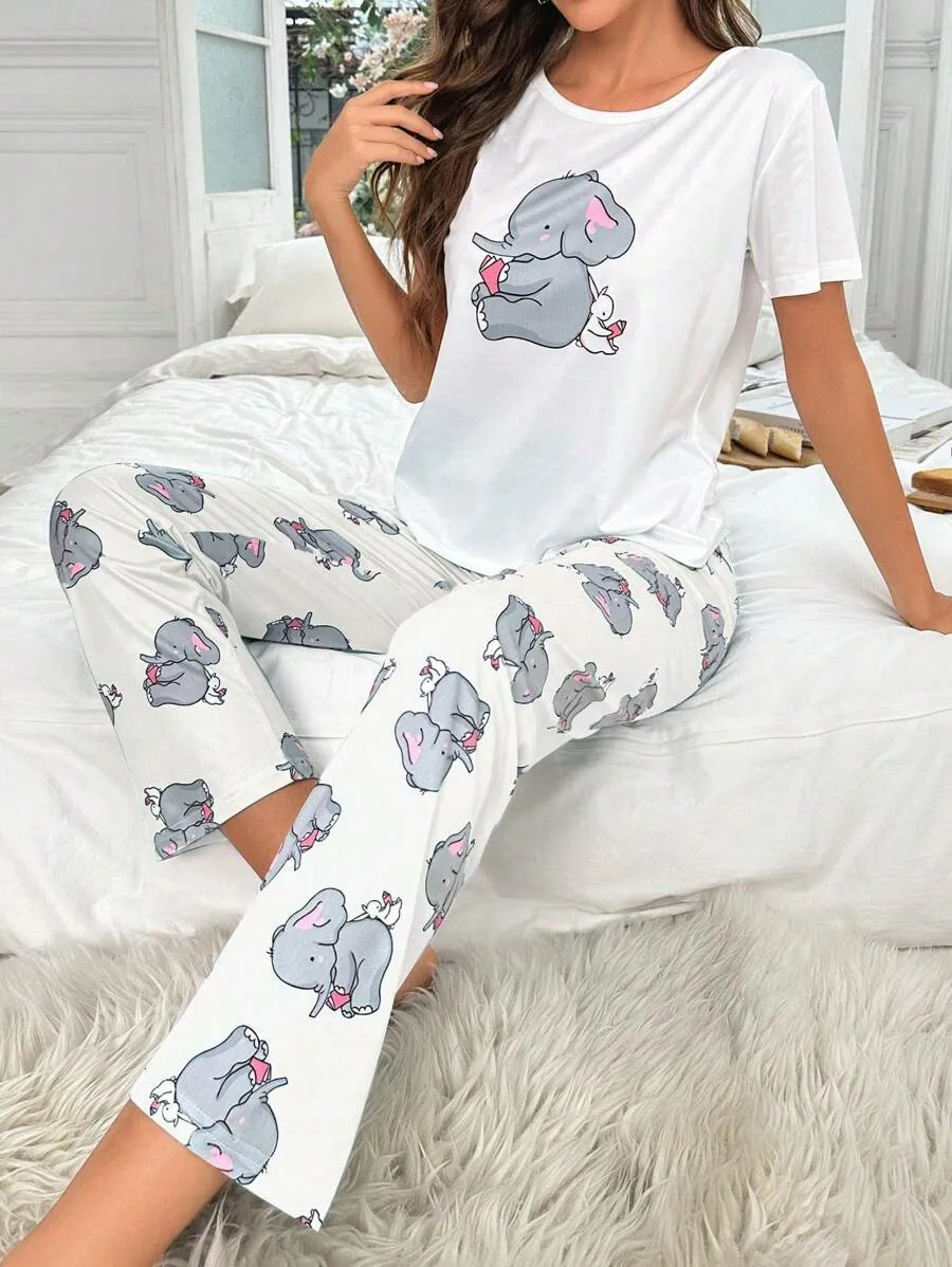 Women\'s new style small elephant rabbit pattern short sleeve cartoon trousers casual pajamas set