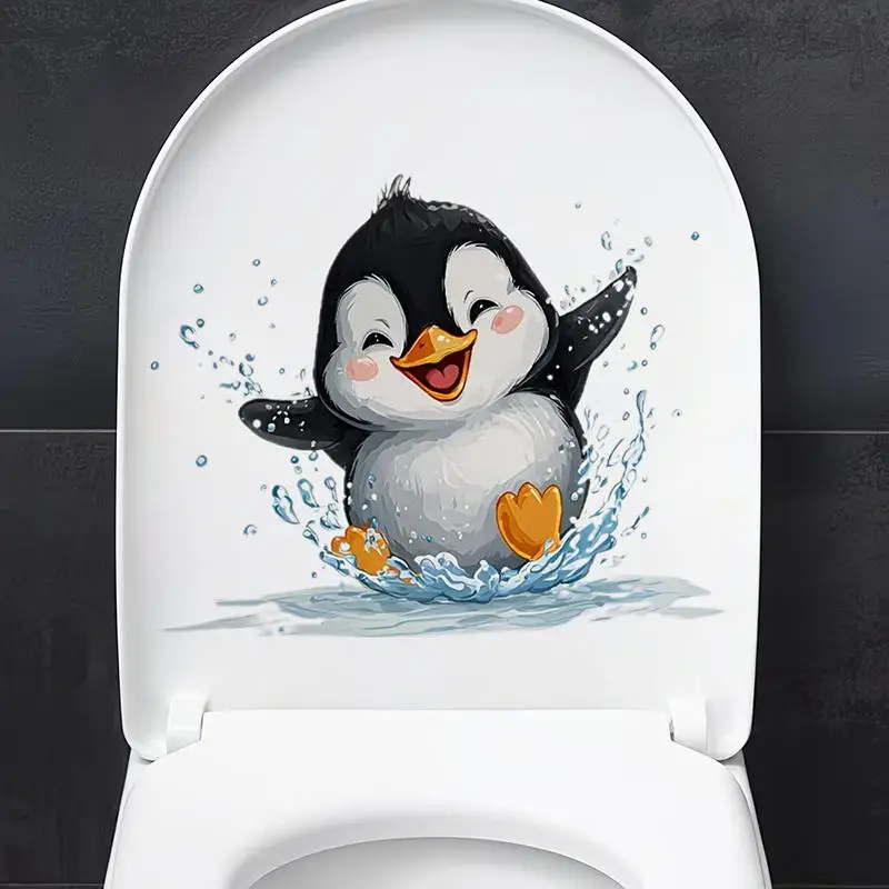 Cute Swimming Penguin Toilet Sticker Waterproof Bathroom Wall Sticker Self-Adhesive Removable Decals Home Decor