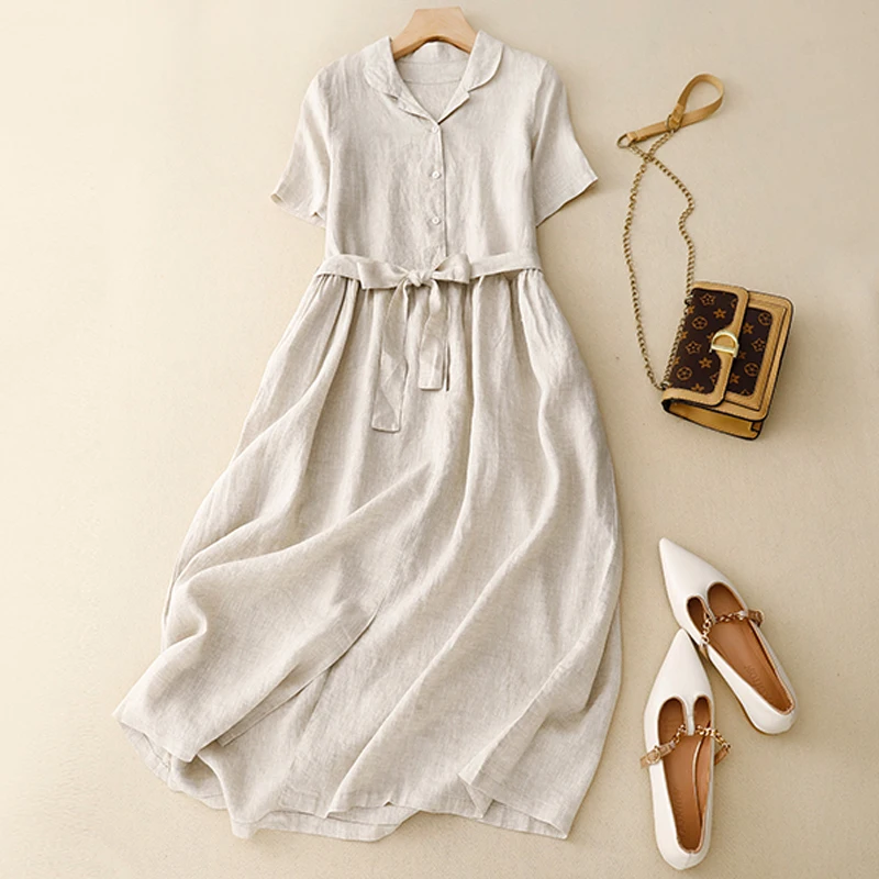 Cotton Linen Solid Color Lapel Short-Sleeved Dress Women's Summer New Korean Version of the Retro Literary Tie Casual Dresses
