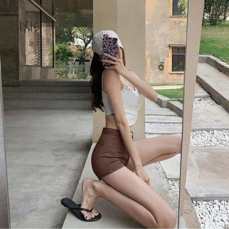 Elastic Denim Shorts Women Korean Fashion High Waist Slim Brown Mini Shorts Summer Vintage Babes Sexy Bottoms Female Clothes