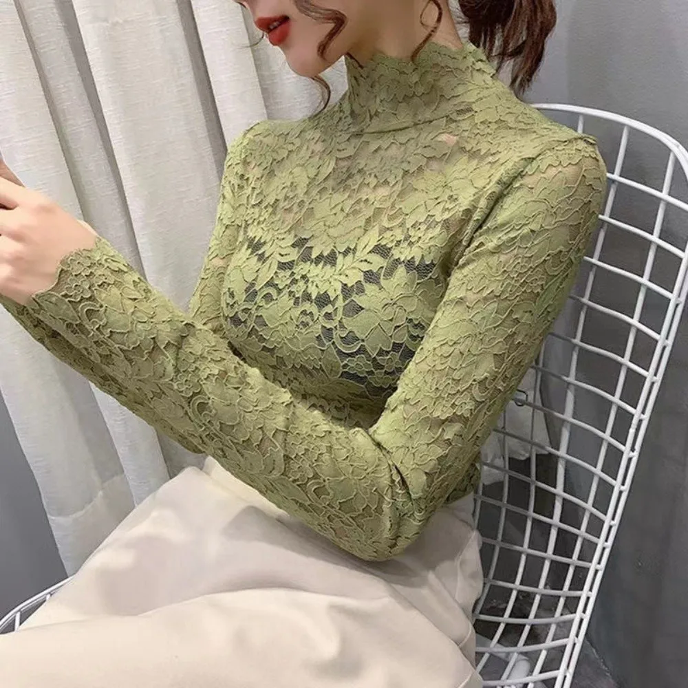Layer Wear Mock Neck Lace Top Long Sleeve Slim Fit Lace Blouse Floral Lace Hollow Out Inner Top Street Style