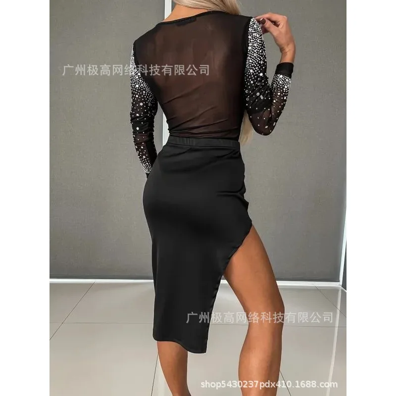 2024 Spring Summer New Women's Solid Color Rhinestone Stitching Sheer Mesh Long Sleeve Dress