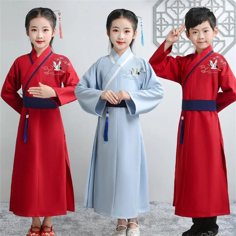 Hanfu baju sekolah anak laki-laki perempuan, baju Hanfu tradisional Cina, pakaian sekolah gaya kuno anak-anak