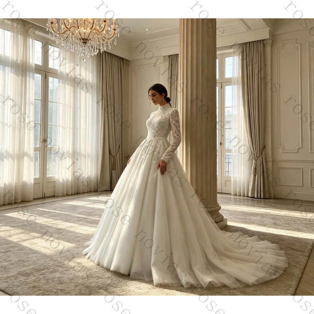 Customized Luxury High Neck Lace Applique Wedding Dresses 2026 Conservative Long Sleeved Chiffon with Large Tail Bridal Gown