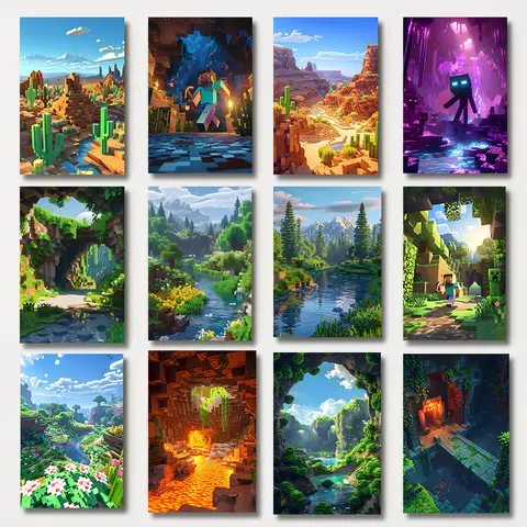 Video Game Block Pixel World  Landscape Style Canvas Poster Painting Print Wall Art Picture for Living Room Home Decor Cuadros