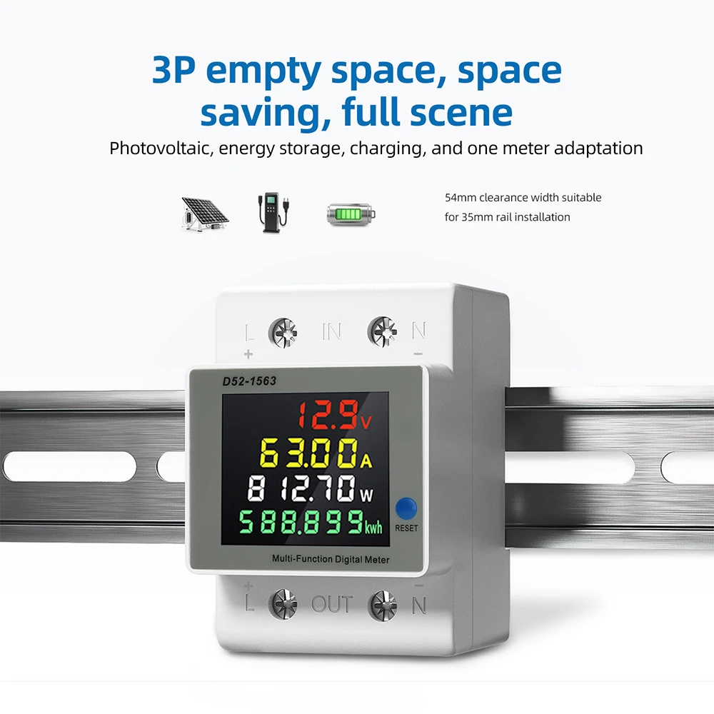 D52-1563 Multifunctional Din Rail Power Meter 4 In1 DC Energy Meter With LCD Display For Voltage Current Power DC8-150V 63A