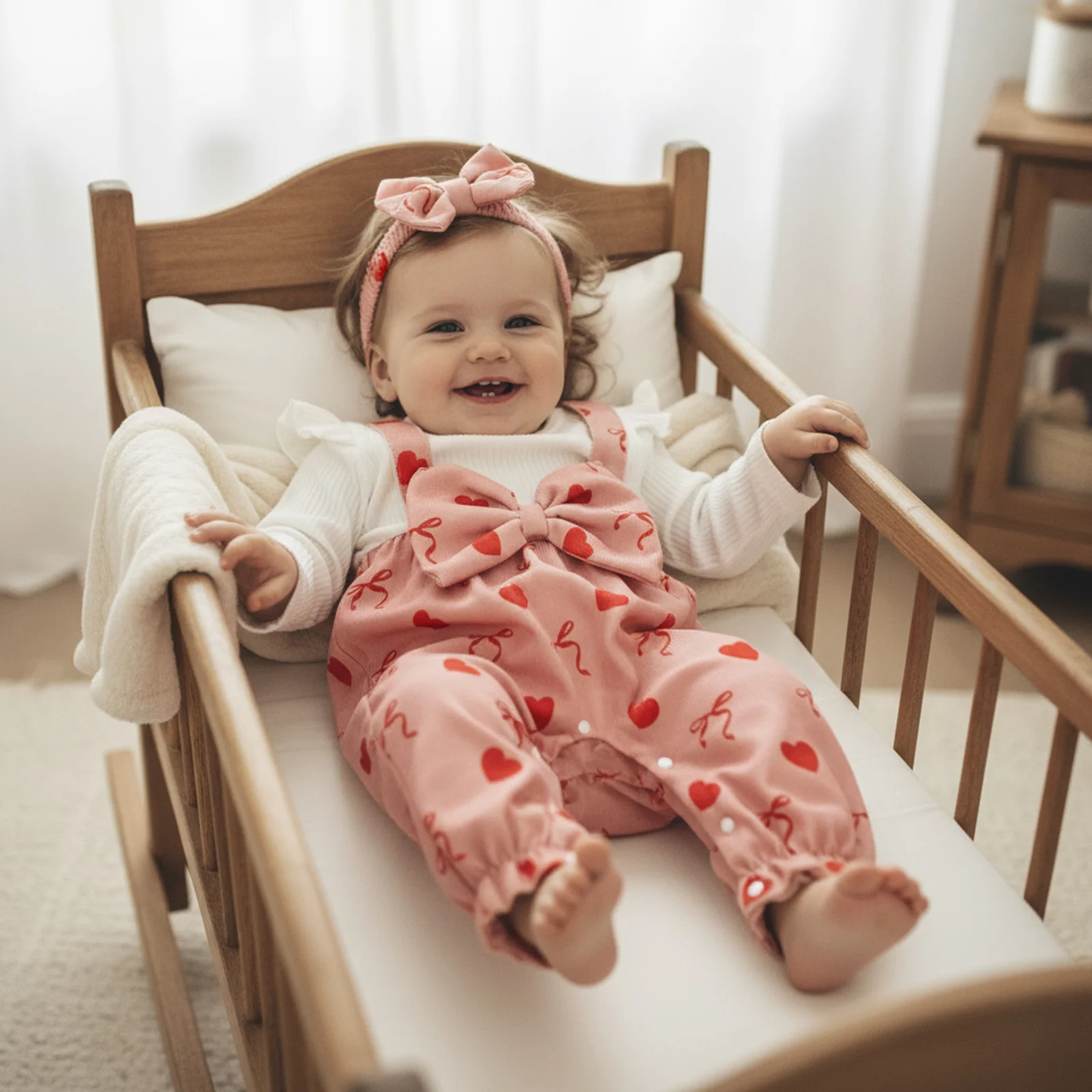 

Tregren Infant Baby Girl Spring Fall Outfit Long Sleeve Heart Bow Print Jumpsuit with Headband Sweet Valentine's Day Clothes