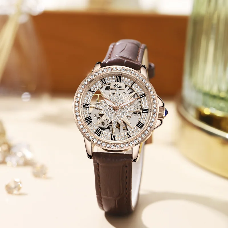 Automatic Mechanical Watch Retro Affordable Luxury Hollow Women's Watch Niche Waterproof Good-looking Leather Watch