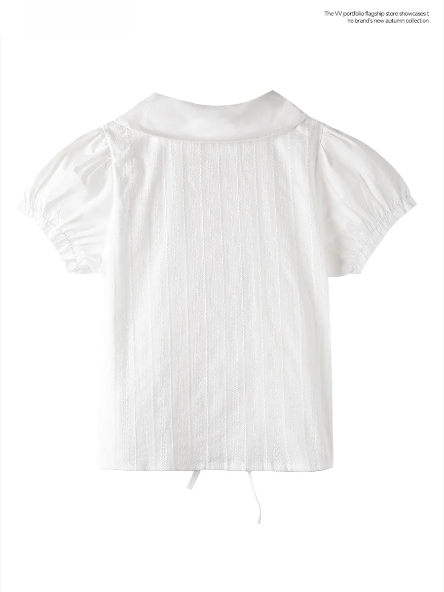 

Faionable White Bowknot Slim Fit irt with Puffy Sves And Doll Collar for Women Korean Sle Commute ort Sve