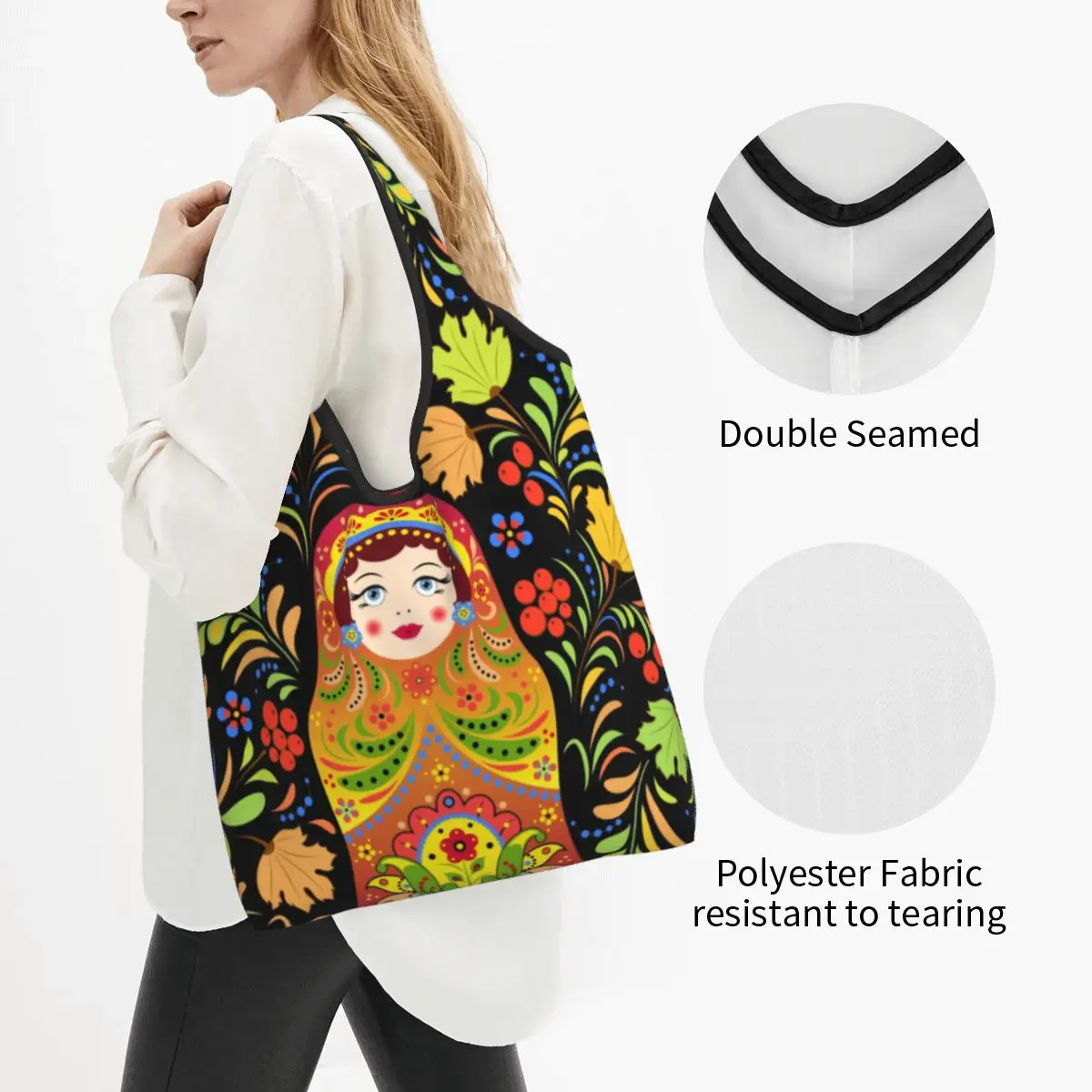 Fashion Print Russian Babushka Matryoshka Doll Shopping Tote Bag Portable Shoulder Shopper Handbag