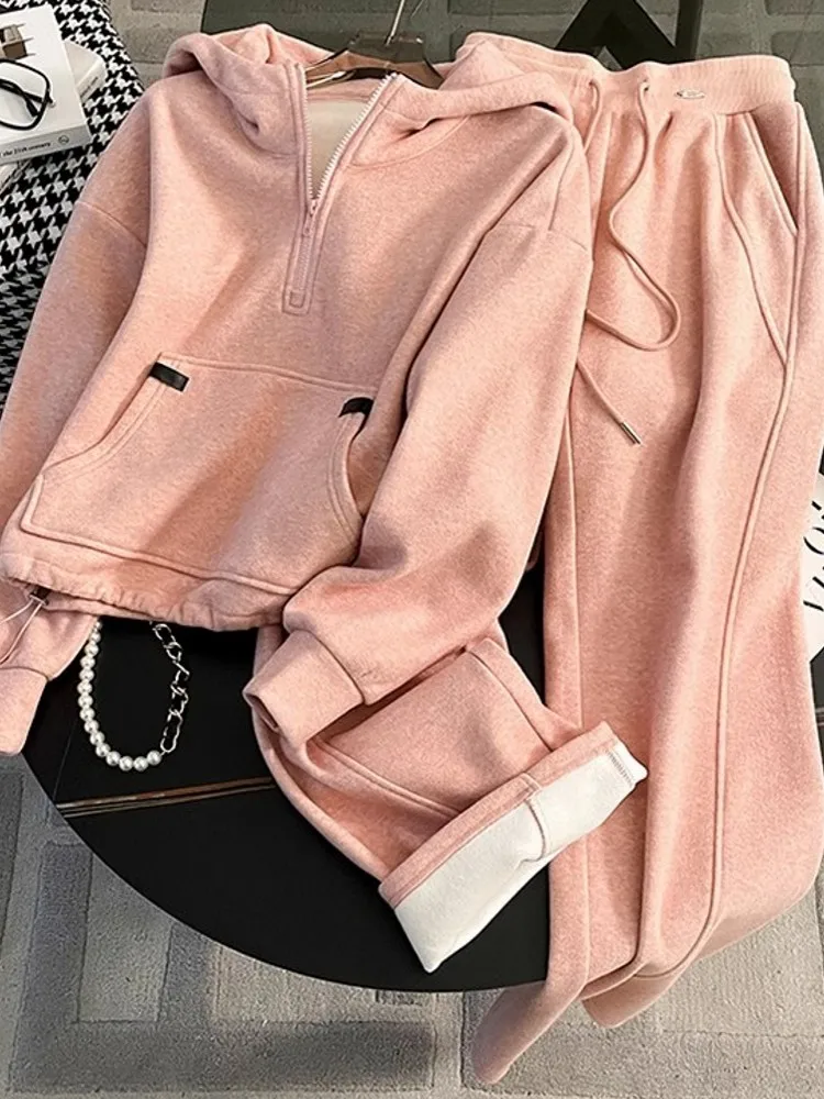 Winter Womens Fitness Running Sportswear Set Fleece Cardigan Hooded Sweatshirt Two Piece Set For Fitness Jogging