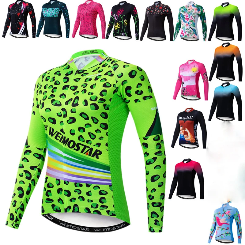 Green Womens Cycling Jersey Long Sleeve Bike Shirt Ladies Autumn Mountain Bicycle Clothing Tops Road Cycling Shirt Biking Jersey