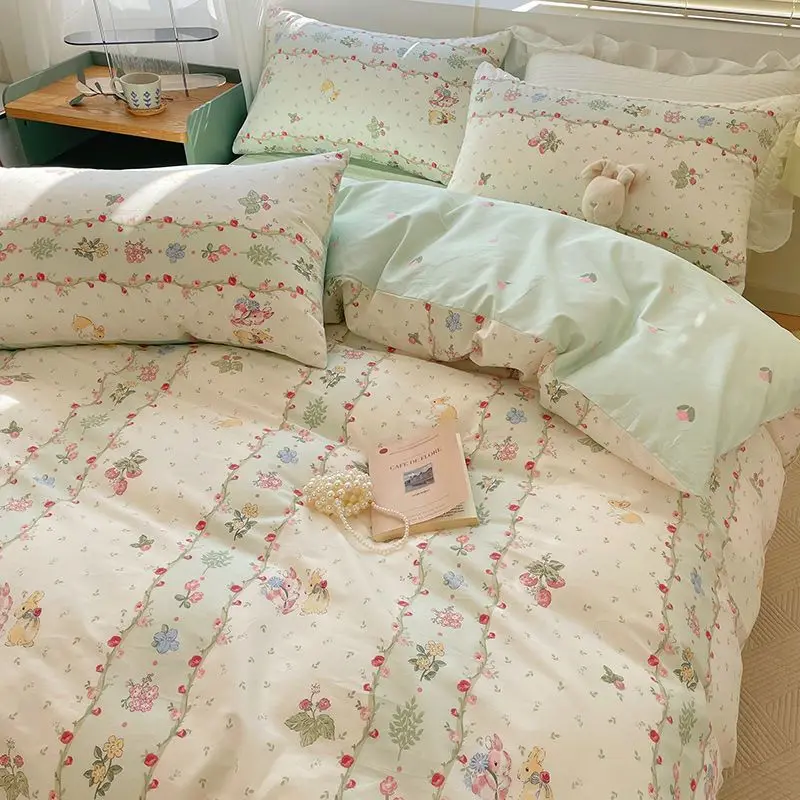 Floral Style Duvet Cover Set with Flat Sheet Pillowcases Fashion Ins Queen Full Size Girls Fall Spring Cute Bedding Set