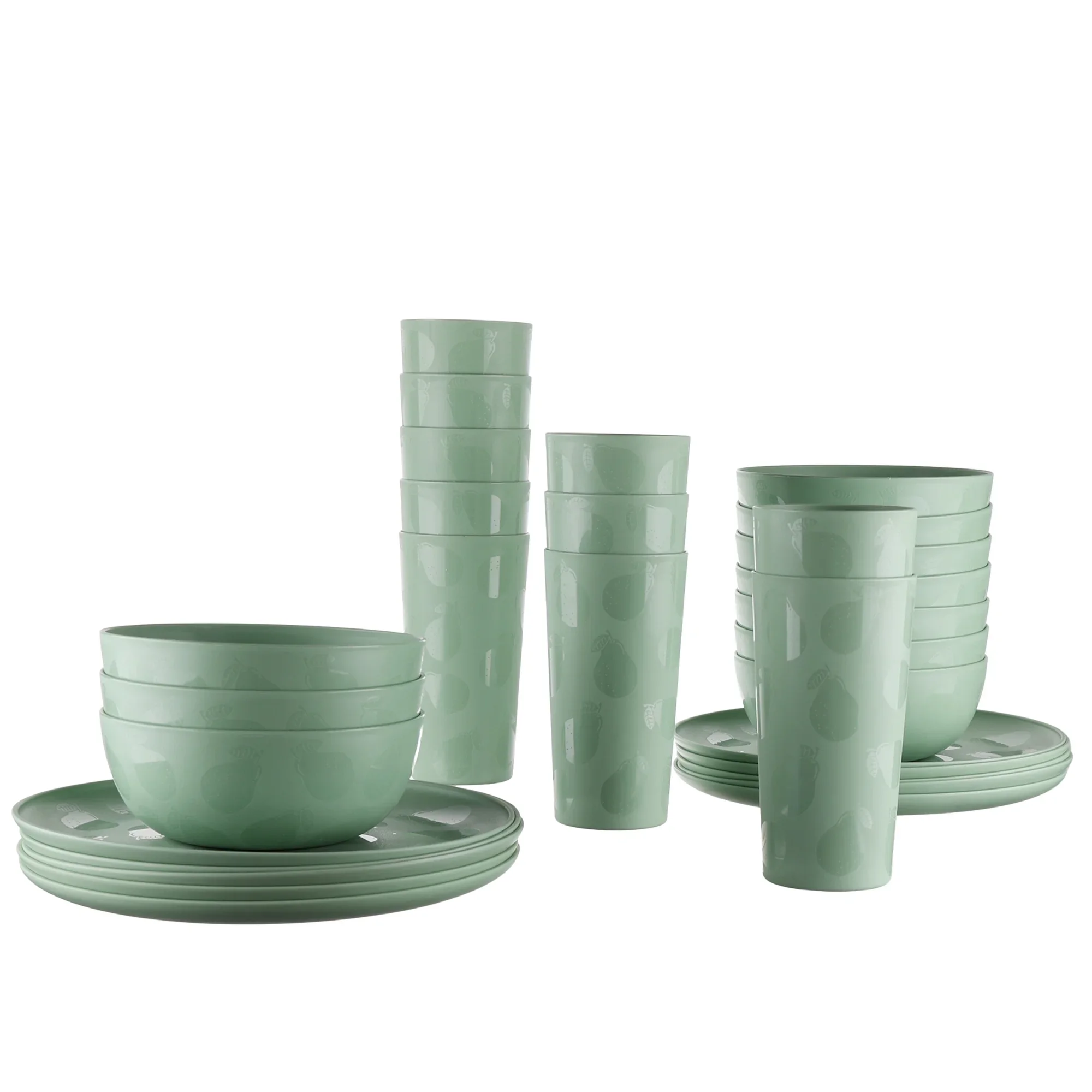 

30-Piece Plastic Dinnerware Set with Etched Pears Pattern, Green, Tableware Bundle for Home, Kitchen, Parties, Outdoor