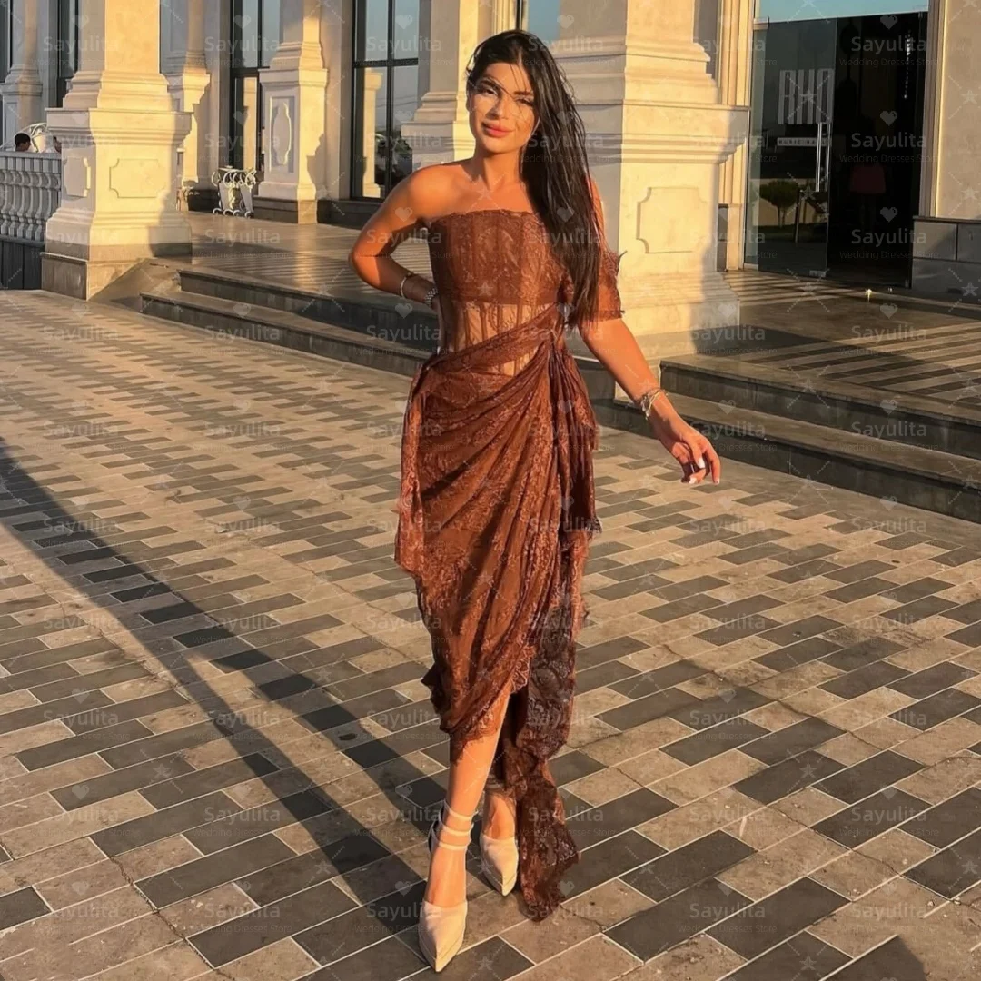 Sayulita فساتين لحضور الحفلات الموسيقية بدون حمالات بكتف واحد فستان سهرة مكشكش بفتحة جانبية من الدانتيل فساتين حفلات مسائية مخصصة #1