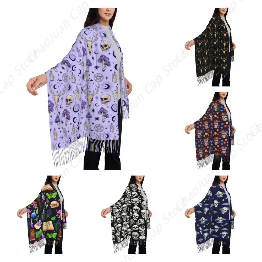 Witch Witchcraft Goth Skull Mushroom Premium Winter Cashmere Pashmina Scarf Over Size Blanket Scarve for Wedding Party Travel