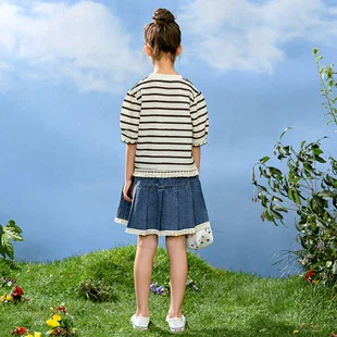 1pc 2026 summer Teenager Girls princess lace splicing Pleated denim jeans skirt short Children kids 4 5 7 8 10 12 14 year daily