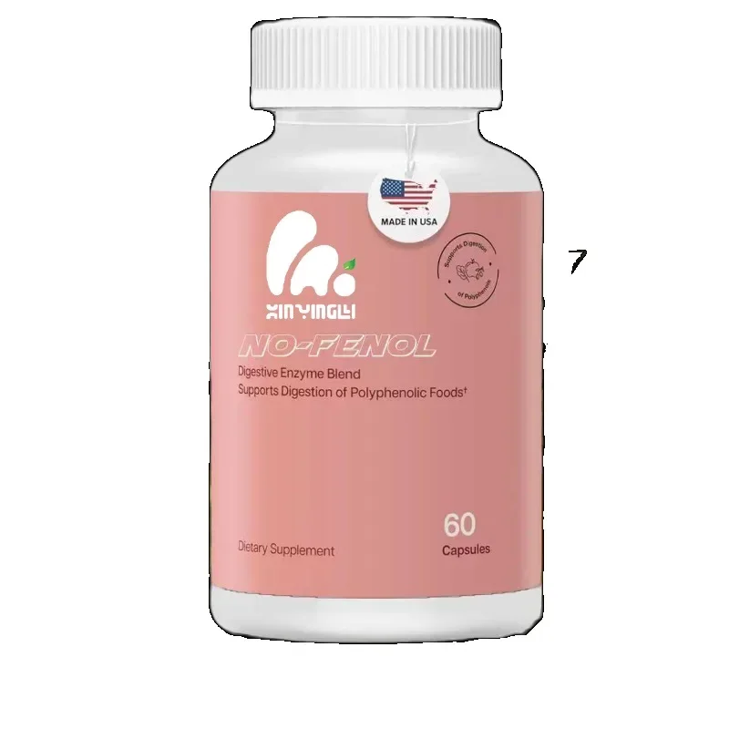 Polyphenolic digestive enzyme supplement and 60 capsules of fruit and vegetable fiber