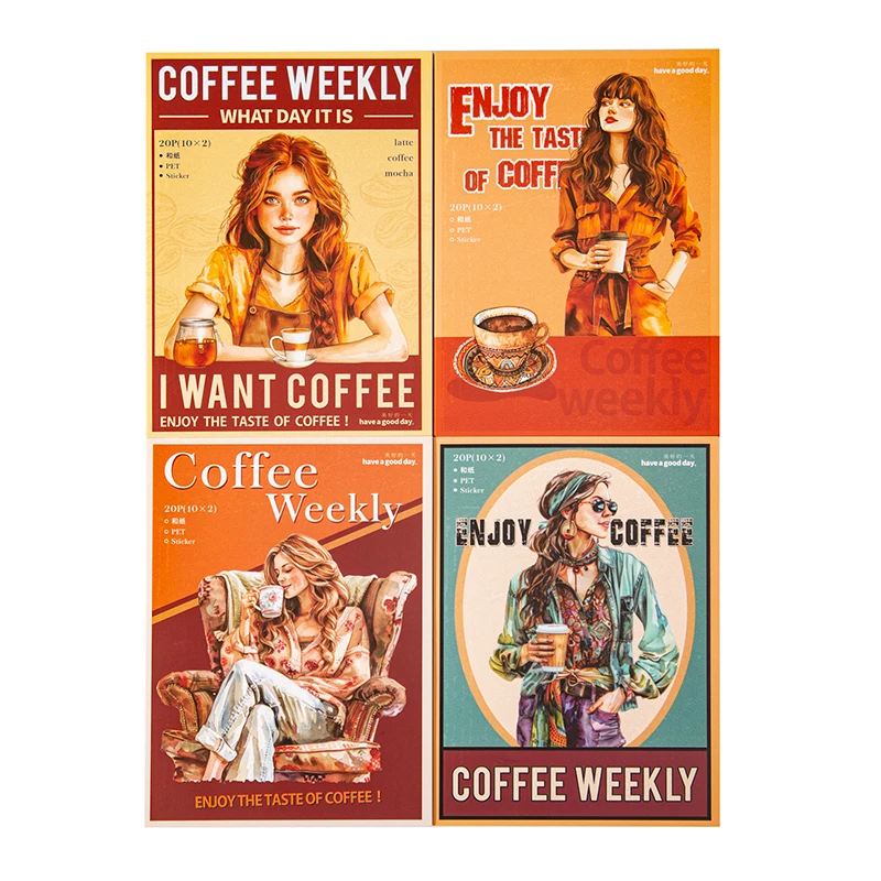 Pegatina decorativa retro encantadora de la serie semanal del café, lote de 4 unidades