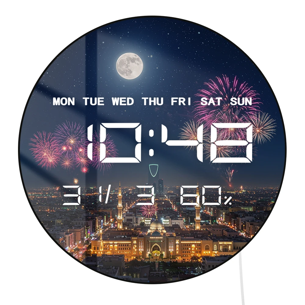 Riyadh Skyline with Full Moon Firework Modern Design LED Digital Wall Clock with Timer Date Temperature Eid Vibes Electric Clock