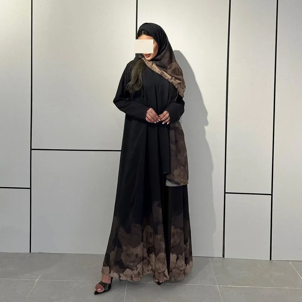 

Chiffon Printed Open Abaya with Hijab Scarf Set Abayas for Muslim Women Dubai Turkey Islam Clothes Kaftan Kimono Femme Musulmane