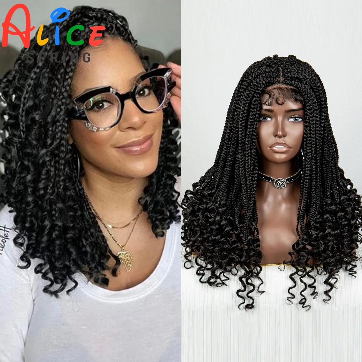 

Synthetic Lace Braided Wigs for Black Women 18 Inch Straight/Curly Knotless Box Braiding Wig with Baby Hair Cornrow Braids Wigs