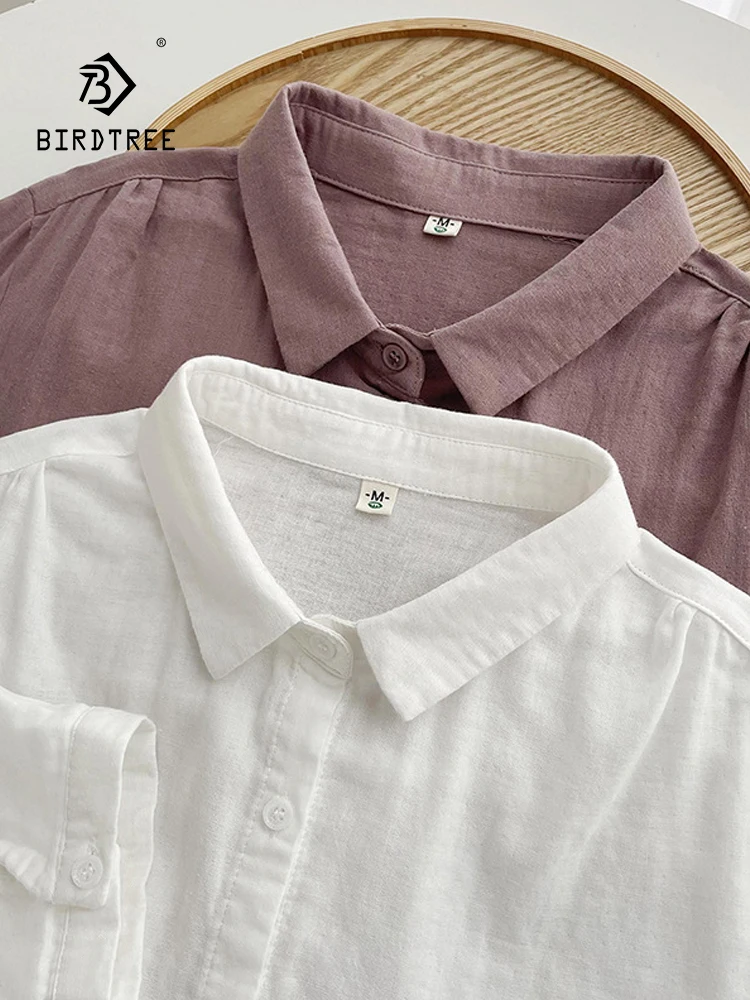 

New 2026 Summer Women Cotton Yarn 3/4 Sleeve Shirt, Turn-down Collar Solid, Mori Girl OL Versatile Solid Loose Blouse T65022CC