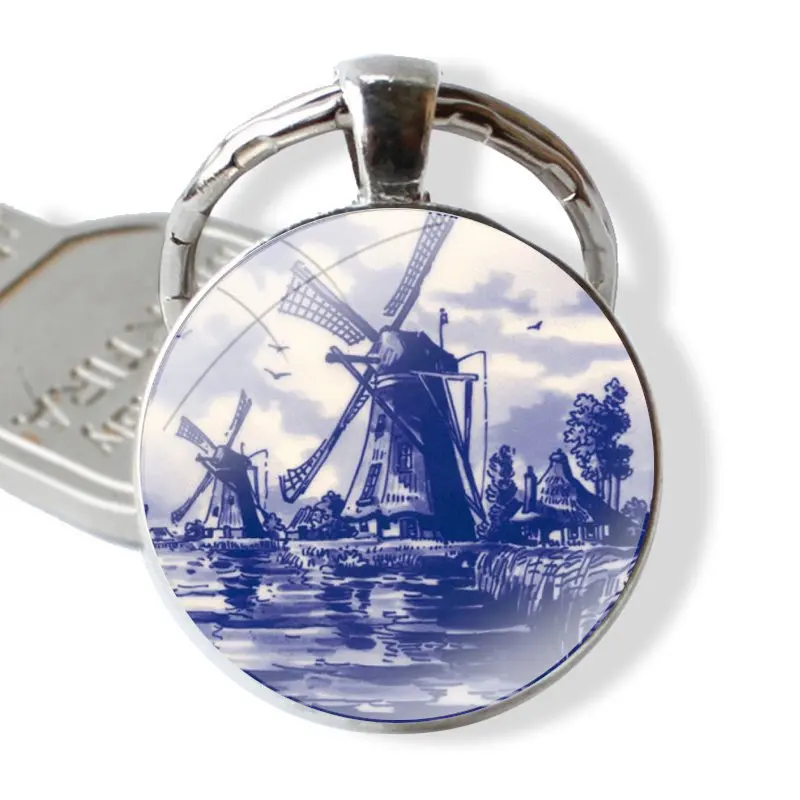 Dutch Blue Delft Vintage Sailboat Windmills Keychain Handmade Glass Cabochon Key Ring Holder Pendant Key Chains