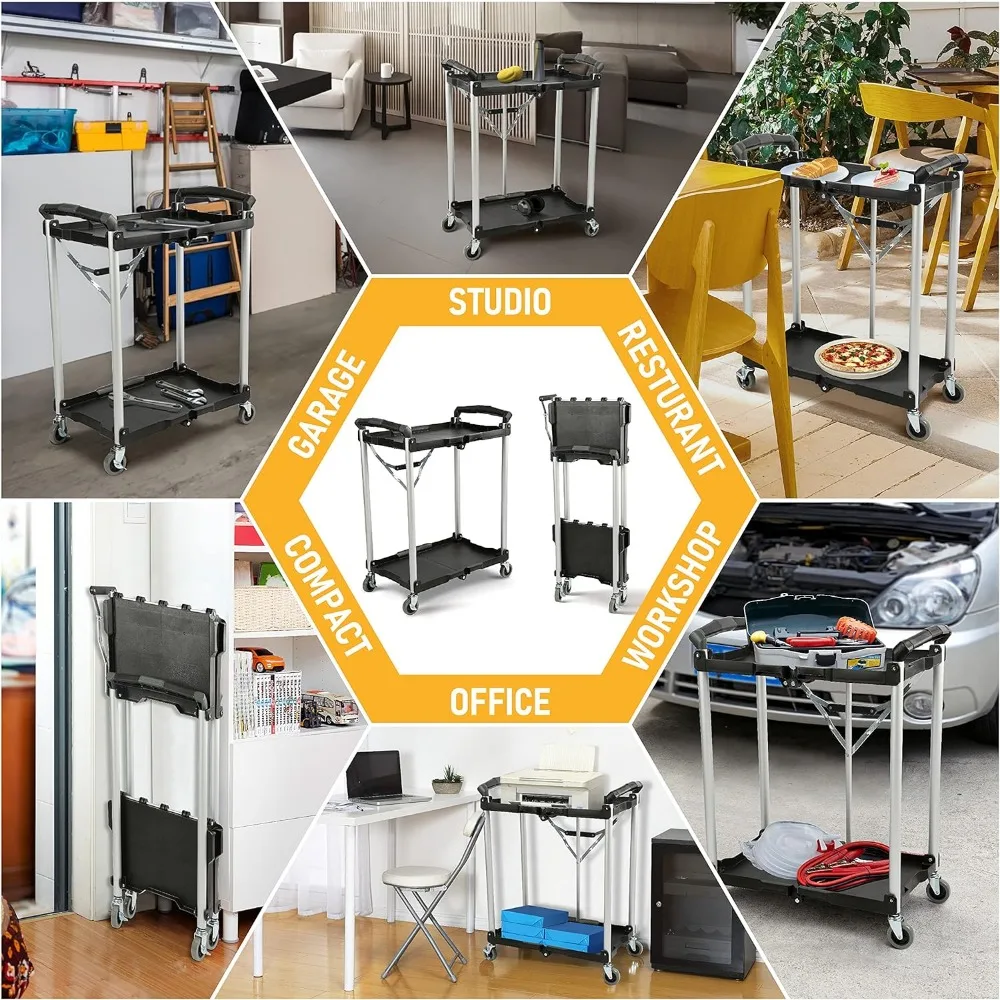 Olympia Tools 89-356 Folding Service Cart, Black, 50 lbs. Load Capacity per Shelf, 2-Tier Storage