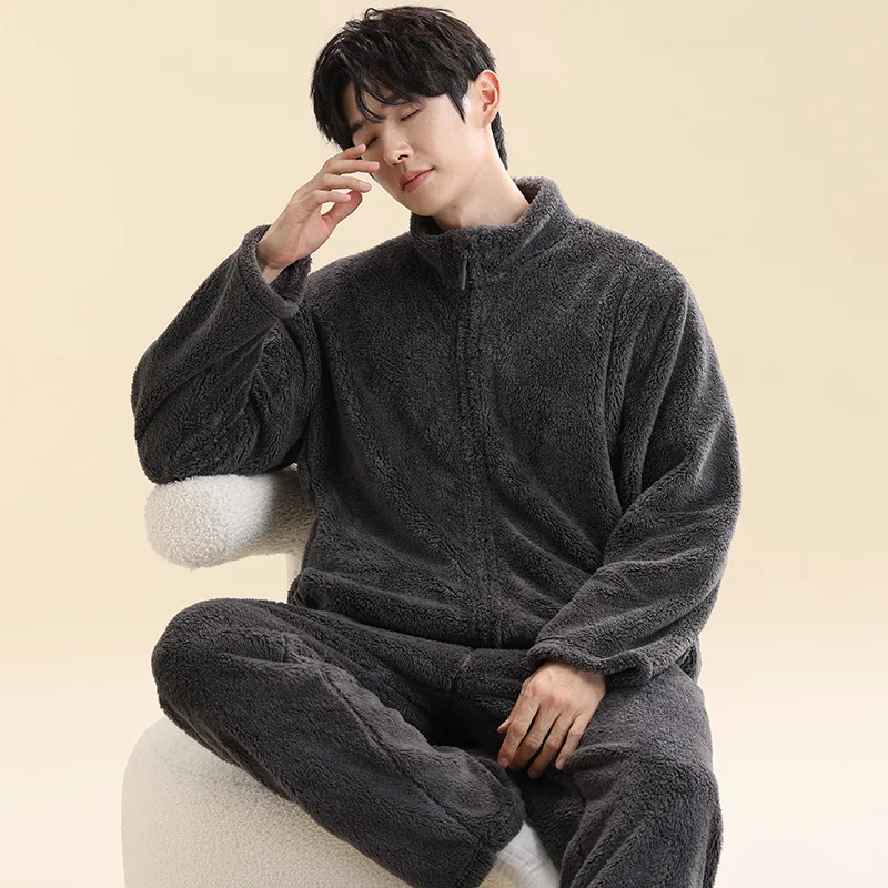 2PC Can Wear Pajamas Men Autumn Winter Flannel Thick Stand Collar Zipper Coral Velvet Pajamas Pajama Pants Set Men's Home Wear