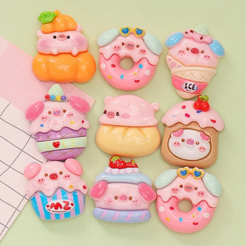 10 Pcs New Cute Cartoon Animal Little Pig Burger Donut Series Resin Scrapbook Diy Jewelry Children Gift Hairpin Accessories B92