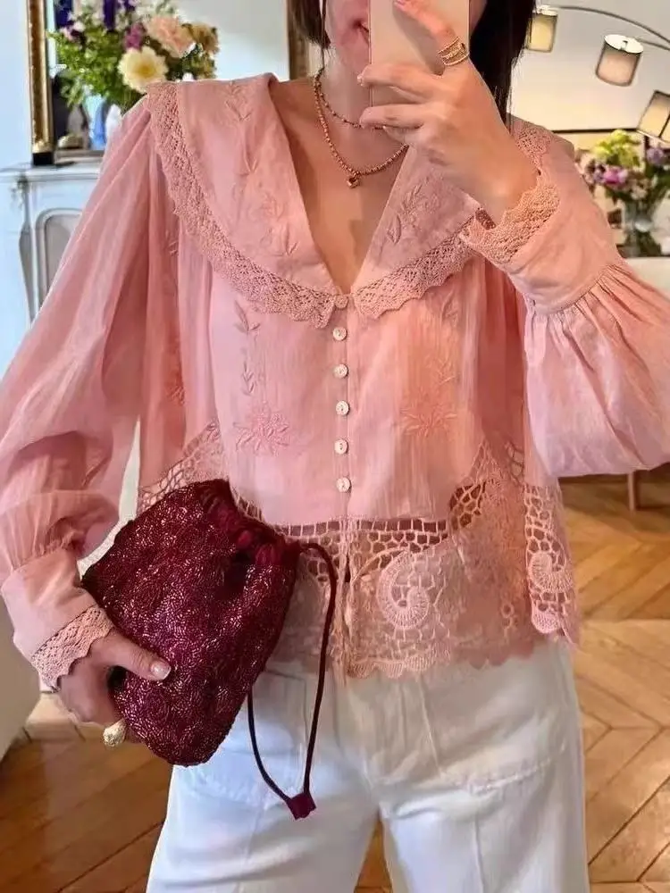 

Loose Women's Long Sve irt Embroidered Lace Hollow out Design V-Ne Spring Faion French Sle Breathable Comfortable