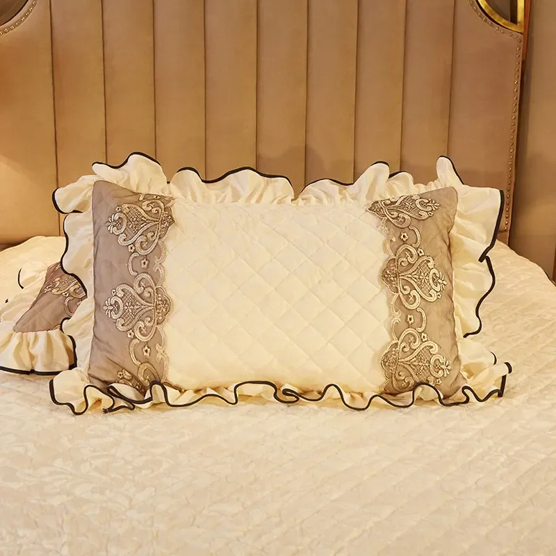 AI WINSURE-2pcs Velvet Quilted Lace Pillow Case Cover Solid Fashion Soft Rectangle Home Decor Pillow Sham Winter Warm 48x74cm