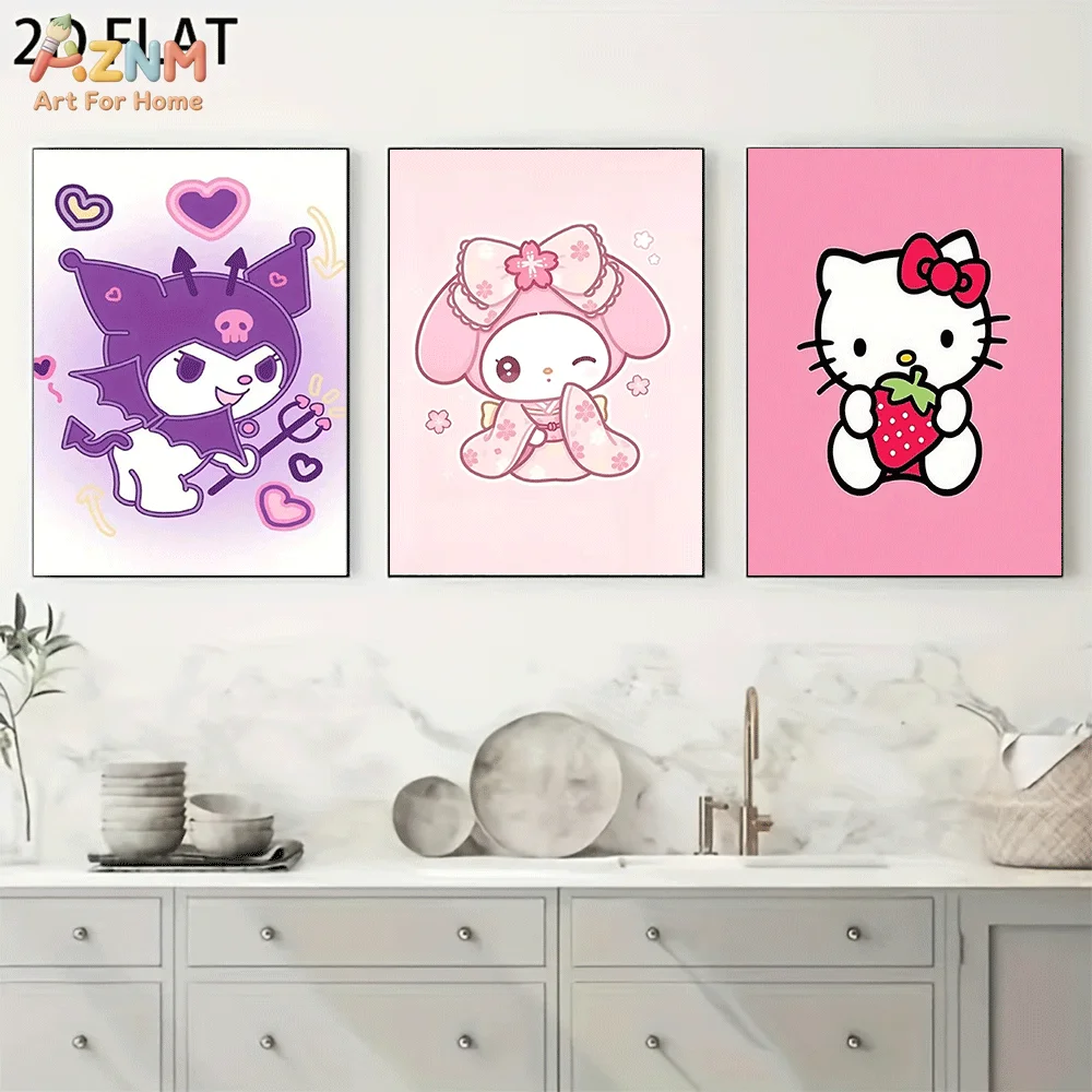 AZNM Kuromi My Melody Kimono Hello Kitty Strawberry Canvas Wall Art, Frameless Cute Cartoon Print Poster For Girls Bedroom Nurse